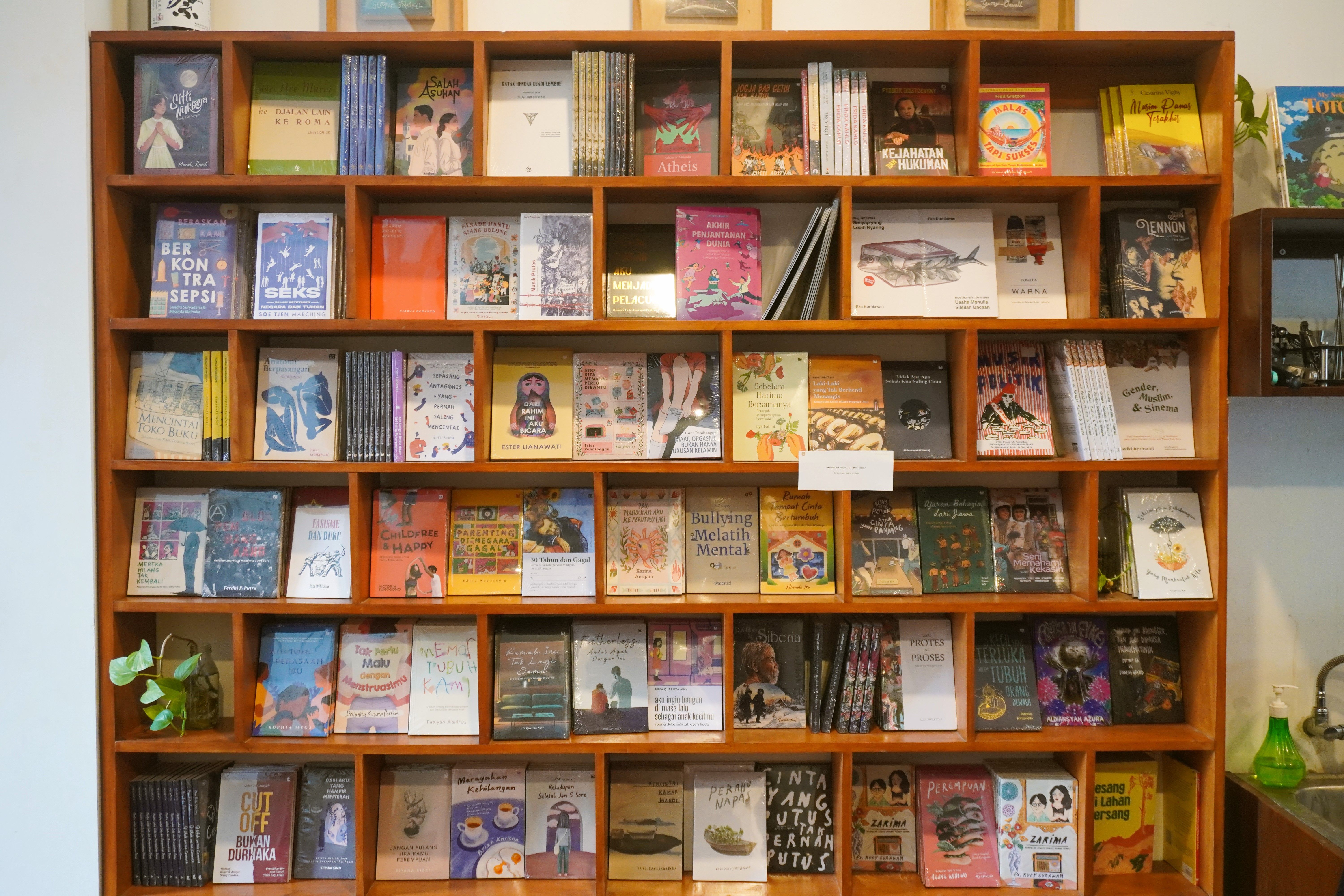 A vibrant display of books on a wooden shelf in a cozy bookstore, showcasing diverse literature.